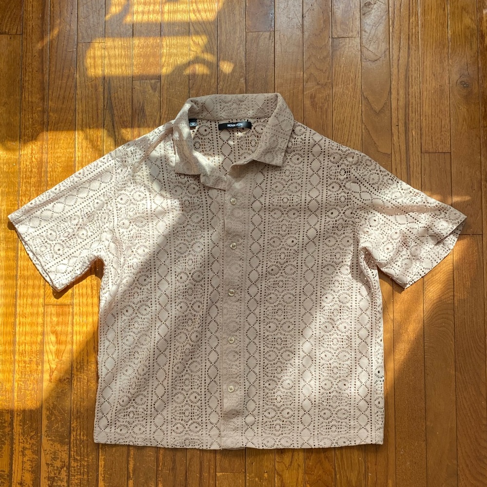 Khaki/Tan Textured Short Sleeve Button Up